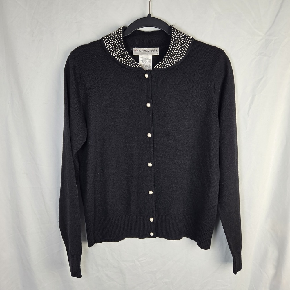 Vtg JH Collectibles Lambswool Pearl Collar Cardigan Sweater Black Womens Small